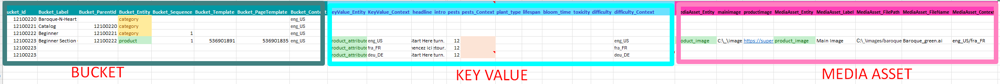 Data sheet column areas: bucket, key value, and media asset